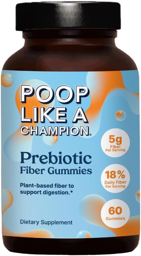 Poop Like a Champion Fiber Gummies – 5g Fiber per Serving, Non-GMO, Vegan, Digestive Support, 60 Pieces per Bottle