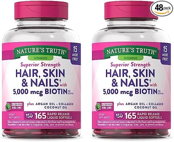 Nature's Truth Hair, Skin & Nails Vitamin | 5000mcg Biotin | 165 Softgels | with Collagen | Non-GMO & Gluten Free Supplement (Pack of 2)