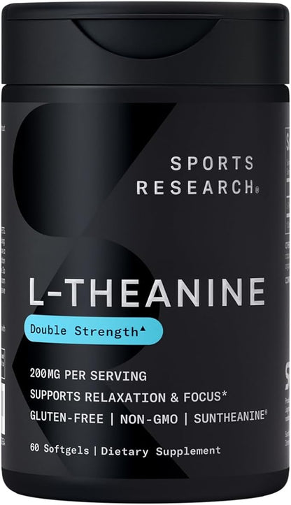 Sports Research Double Strength L-Theanine Supplement - Suntheanine Softgels for Focus, Relaxation & Alertness - Non-Drowsy Support Made with Coconut Oil, Non-GMO & Gluten Free - 200mg, 60 Count