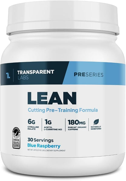 Transparent Labs Lean Pre-Workout - Body Recomposition Pre Workout for Men and Women with Acetyl L-Carnitine, Beta Alanine Powder, & PurCaf Organic Caffeine Powder - 30 Servings, Blue Raspberry