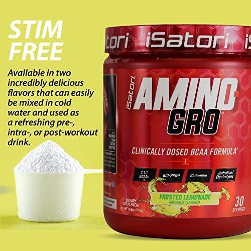 iSatori Amino-GRO BCAA Powder, Branched Chain Amino Acids with Glutamine, Electrolyte Powder & Bio-GRO Bio-Active Peptides for Muscle Growth & Post Workout Recovery, Frosted Lemonade (30 Servings)