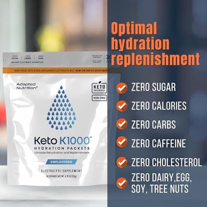 Hi-Lyte Keto K1000 Electrolyte Packets | Unflavored | Hydration Supplement Drink Mix | Boost Energy & Beat Leg Cramps | No Sugar, No Stevia, No Maltodextrin | 30 Servings