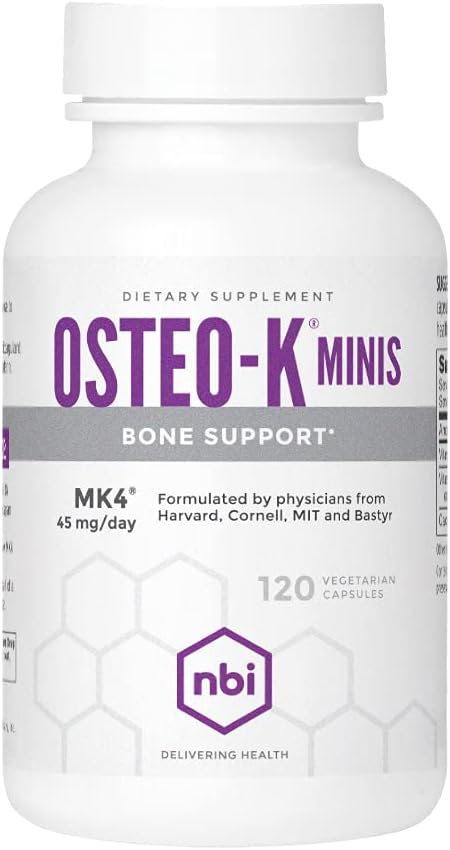 NBI Osteo-K Bone Support - Mini | Vitamin D & K Complex with Calcium Citrate Supplement | 45mg Vitamin K2 (MK4) for Strong Bone Health & Function | 120ct Veggie Capsules