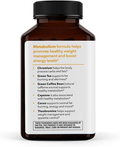 Metabolism - Weight Control Support & Energy Boosting Supplement - Natural Appetite Suppressant - Curbs Cravings - Green Tea, Coffee Bean, Chromium, Cacao & Theobromine - 140 Capsules
