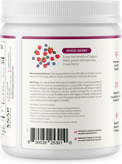 Snap Supplements USDA Organic Beet Root Powder, 3-in-1 Nitric Oxide Supplement, Support Healthy Blood Pressure and Blood Circulation, 250g (Mixed Berry)