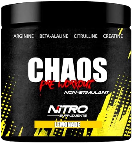 Nitro Supplements - Chaos - Non Stim Pre-Workout (30 Sevings) Beta-Alanine, L-Citrulline, Arginine, Creatine, Taurine Stim-Free Non-Stimulant (30 Servings, Lemonade)