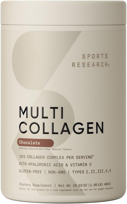 Sports Research Multi Collagen Protein Powder (Type I, II, III, V, X) with Hyaluronic Acid + Vitamin C | 5 Types of Food Based Collagen, 30 Servings (Chocolate)