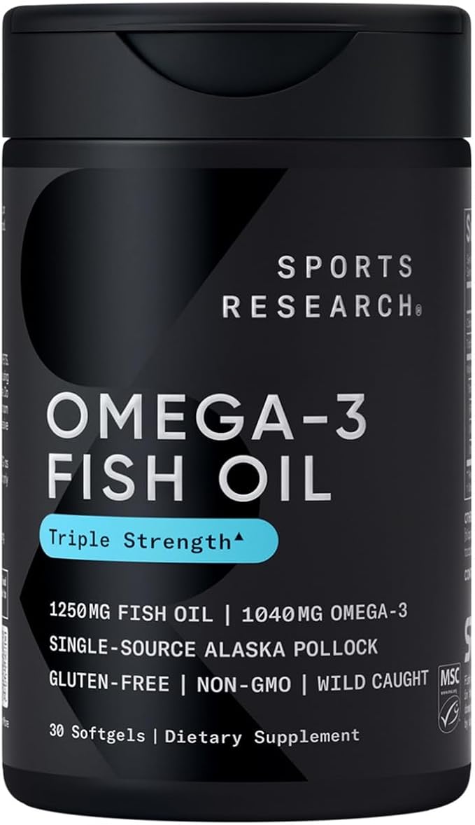 Sports Research Triple Strength Omega 3 Fish Oil 1250mg from Wild Alaska Pollock - Burpless Fish Oil Supplement with Omega3s EPA & DHA - Sustainably Sourced, Non-GMO, Gluten Free - 30 Softgels