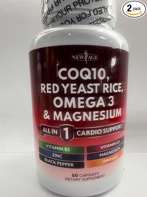 NEW AGE COQ10 200mg Red Yeast Rice 3000mg Omega 3-6-9 3000mg Magnesium Complex 500mg Zinc Vitamin K2 D3 - Vitamins for Women and Men with Vitamin B3, Coenzyme Q10-120 Count