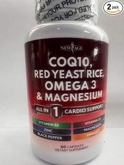 NEW AGE COQ10 200mg Red Yeast Rice 3000mg Omega 3-6-9 3000mg Magnesium Complex 500mg Zinc Vitamin K2 D3 - Vitamins for Women and Men with Vitamin B3, Coenzyme Q10-120 Count