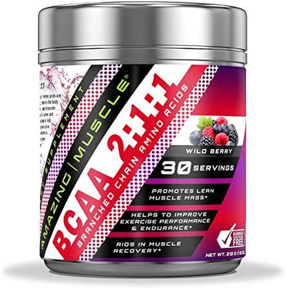 BCAA 2:1:1 Branched Chain Amino Acids - 6,000 MG - Promotes Lean Muscles - Supports Swifter Muscle Recovery - Enhances Endurance Levels (Wild Berry, 30 Servings)