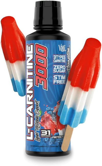 L-Carnitine 3000 Liquid | 3000 mg Carnitine Supplement | Zero Calorie Zero Sugar Keto Friendly for Men and Women – Great Tasting| 31 Servings (Patriot Pop, 16 fl. oz.)