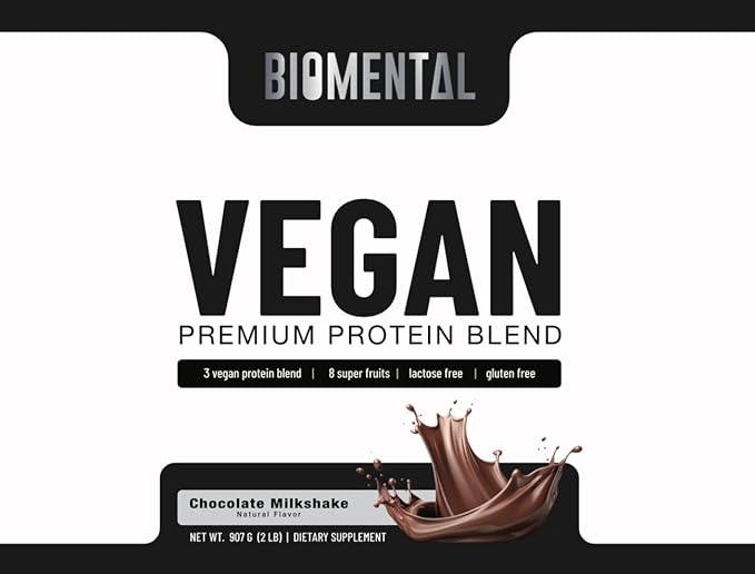 Biomental Vegan Chocolate Protein Powder - Plant-Based -Easy Absorption - Delicious Chocolate - Muscle Building, Ideal Healthy Vegan Lifestyle - Non-GMO, Gluten-Free Protein Supplement
