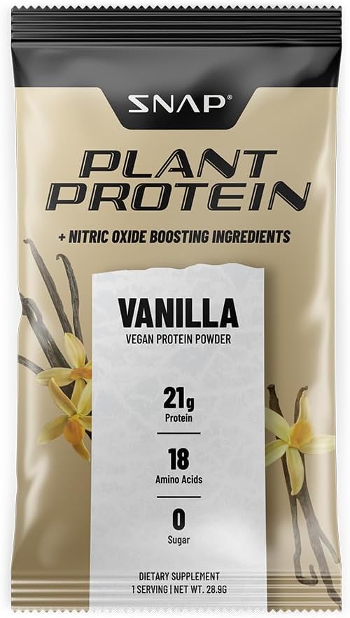 Snap Supplements 100% Plant Based Protein Powder Stick Packs with Nitric Oxide Booster (10 Pack, Vanilla)