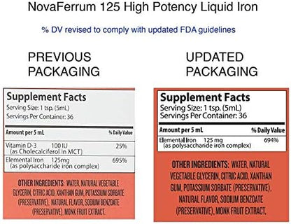 NovaFerrum Wow | 125 High Potency Liquid Iron Supplement | Liquid Iron for Adults | Iron Deficiency | 125mg of Iron Per 5mL Dose | Vegan Verified | Gluten Free Certified | Sugar Free (Pack of 2)