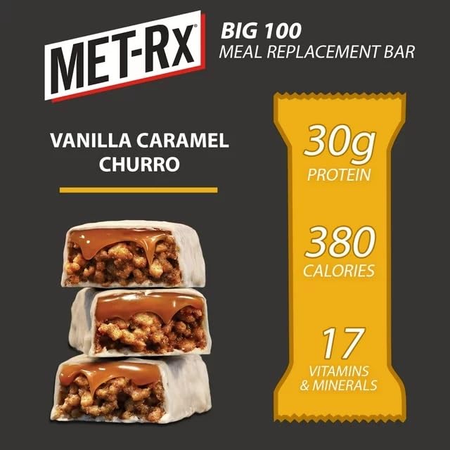 MET-Rx Big 100 Colossal Protein Bars, Vanilla Caramel Churro Meal Replacement Bars, Brown, 9 Count