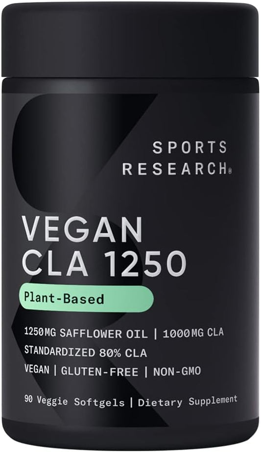 Sports Research Vegan CLA - 1250mg with Active Conjugated Linoleic Acid for Men & Women | Non-GMO, Soy & Gluten Free - 80% (90 Softgels)