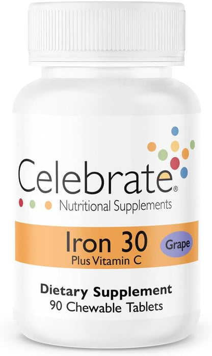 Celebrate Vitamins Iron Supplement with Vitamin C - 30mg Iron, 60mg Vitamin C, Bariatric Vitamins for WLS Patients, Vertical Sleeve & Gastric Bypass Surgery – Grape, 90 Chewable Tablets