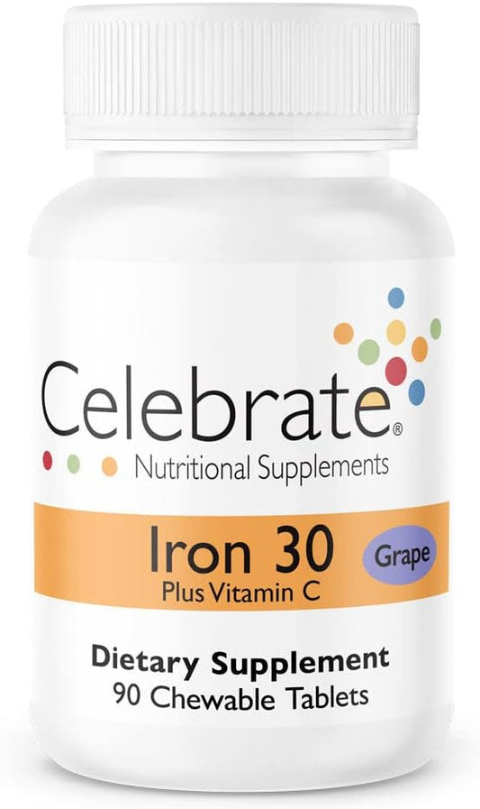 Celebrate Vitamins Iron Supplement with Vitamin C - 30mg Iron, 60mg Vitamin C, Bariatric Vitamins for WLS Patients, Vertical Sleeve & Gastric Bypass Surgery – Grape, 90 Chewable Tablets