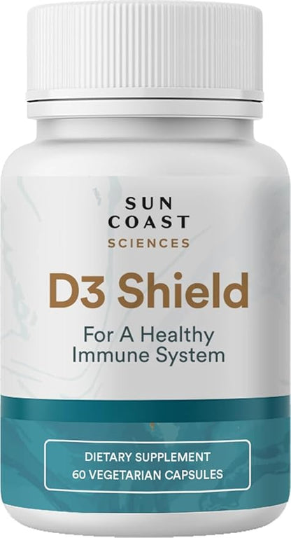 Sun Coast Science Sciences D3 Shield - Vitamin D3 5000 IU for Immune Support and Bone Health 60 Vegetarian Capsules K2 with 180mg Calcium Carbonate Maximum Absorption