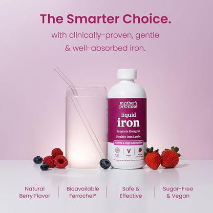 Liquid Iron Supplement for Women, Men & Kids | Non Constipating Vegan Iron Supplements for Anemia, Healthy Blood, Prenatal & Postnatal | Sugar-Free Natural Berry Flavor, Ferrochel® & Vitamin C