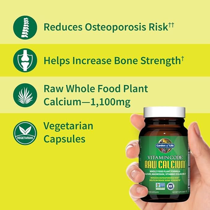 Garden of Life Raw Calcium Supplement for Women and Men - Vitamin Code Made from Whole Foods with Magnesium, K2, Vitamin D3 and Vitamin C, for Bone Strength, Probiotics for Digestion, 120 Capsules