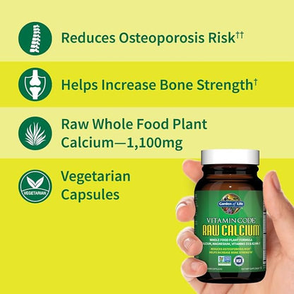 Garden of Life Raw Calcium Supplement for Women and Men - Vitamin Code Made from Whole Foods with Magnesium, K2, Vitamin D3 and Vitamin C, for Bone Strength, Probiotics for Digestion, 120 Capsules