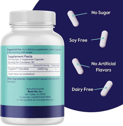 BESTVITE Cognizin 500mg (60 Vegetarian Capsules) - Clinically Studied Premium Choline Nootropic - No Stearates - Vegan - Non GMO - Gluten Free - Citicoline - Brain Supplements for Memory and Focus