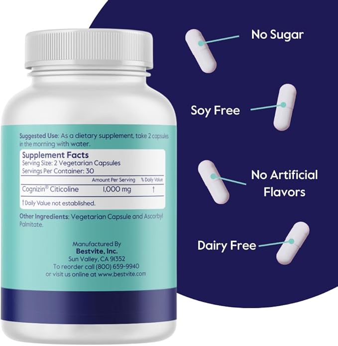 BESTVITE Cognizin 500mg (120 Vegetarian Capsules) (60x2) - Clinically Studied Premium Choline Nootropic - No Stearates - Vegan - Non GMO - Gluten Free - Brain Supplements for Memory and Focus