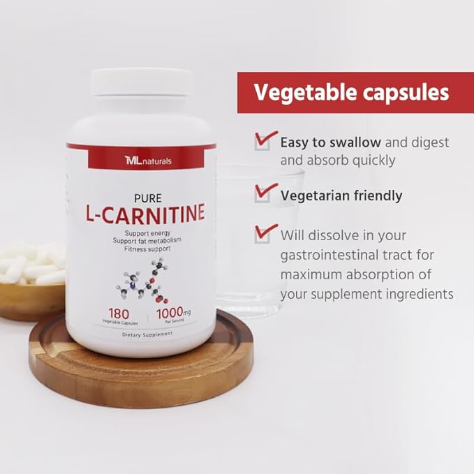 L-Carnitine 1000 mg 180 Vegan Capsules.99.9% Purity L-Carnitine. Supports Energy Production. Fitness Support.