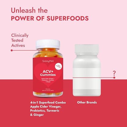 SkinnyMint Super ACV Gummies, 4-in-1 Unique Blend of Apple Cider Vinegar, Probiotics, Turmeric & Ginger to Boost Gut Health and Digestion, Metabolism and Immune Support, 60 Count