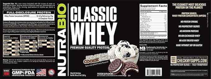 NutraBio Classic Whey Protein Powder- Full-Spectrum Amino Acid Profile - No Fillers, Artificial Colors, Preservatives - Low Glycemic Index - Ice Cream Cookie Dream, 5 Pounds