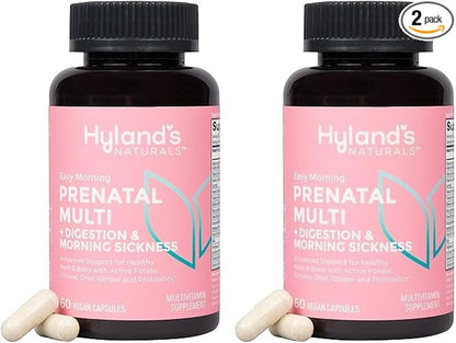 Hyland's Easy Morning Prenatal Multivitamin + Digestive Health & Morning Sickness Relief - 60 Vegan Capsules - with Folate, Choline, Zinc, Ginger Root, Prebiotics and Algae DHA (Pack of 2)