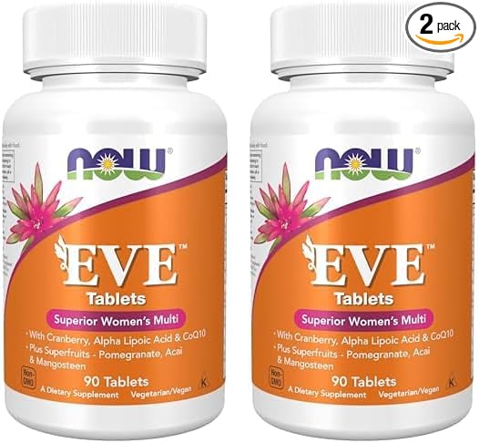 NOW Supplements, Eve™ Women's Multivitamin with Cranberry, Alpha Lipoic Acid and CoQ10, Plus Superfruits - Pomegranate, Acai & Mangosteen, 90 Tablets (Pack of 2)