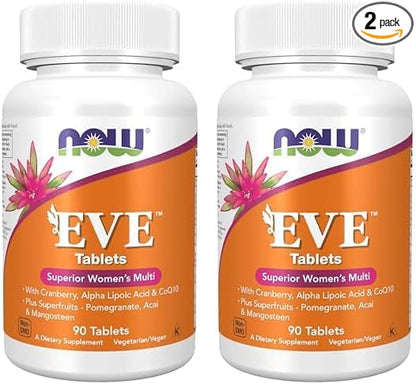 NOW Supplements, Eve™ Women's Multivitamin with Cranberry, Alpha Lipoic Acid and CoQ10, Plus Superfruits - Pomegranate, Acai & Mangosteen, 90 Tablets (Pack of 2)