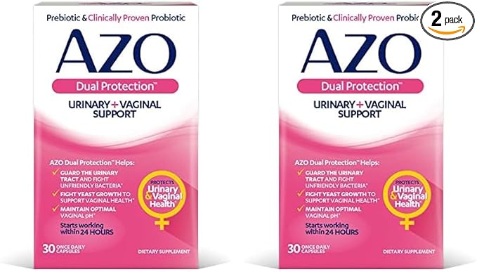 AZO Dual Protection | Urinary + Vaginal Support* | Prebiotic Plus Clinically Proven Women's Probiotic | Starts Working Within 24 Hours | Non-GMO | 30 Count (Pack of 2)
