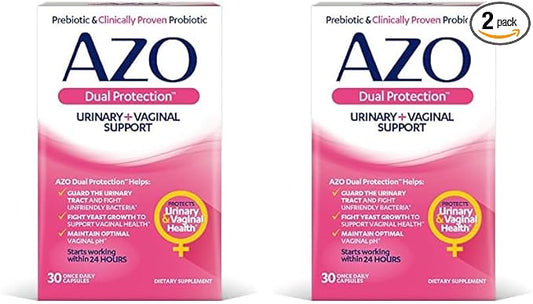 AZO Dual Protection | Urinary + Vaginal Support* | Prebiotic Plus Clinically Proven Women's Probiotic | Starts Working Within 24 Hours | Non-GMO | 30 Count (Pack of 2)