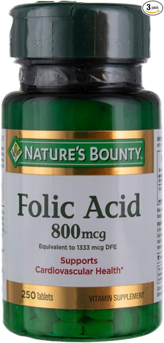 Nature's Bounty Folic Acid Supplement, Supports Cardiovascular Health, 800mcg, Multi, No Flavour,750 Count, Pack of 3