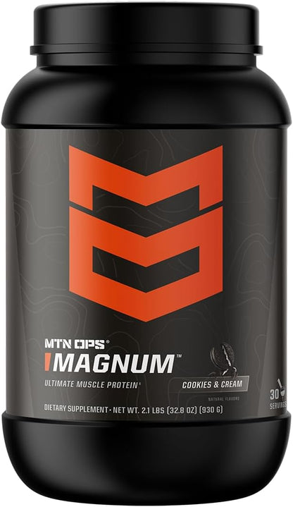 MTN OPS Magnum Cookies & Cream Protein Powder, 23g of Whey Isolate Protein & Milk Protein with BCAAs, Zero Sugar & Gluten Free, Cookies& Cream, 30-Serving Tub