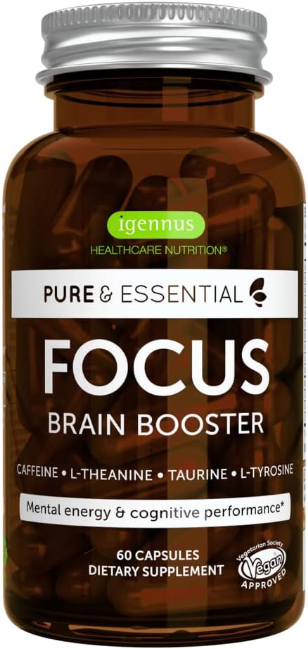 Focus - Methylated Nootropic with 200mg Natural Caffeine, Active B Vitamins, L-Theanine, Taurine, L-Tyrosine, Clean Energy, Brain Booster & Cognitive Performance, Non Jittery, 60 Capsules, by Igennus