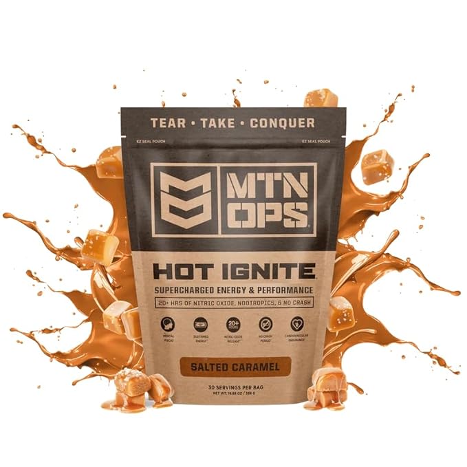 MTN OPS Hot Ignite Supercharged Energy Drink Mix Coffee Alternative, 30-Serving Bag, Salted Caramel