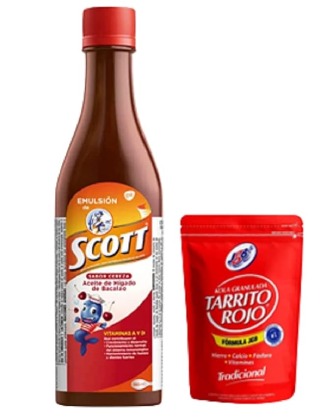 Scott's Emulsion Cherry Flavor (360 ml) with a Tarrito Rojo Multivitamin bag (80g)