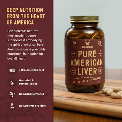 Pure American Beef Liver Capsules - Grassfed Beef Liver Supplement - Rich in Vitamins, Minerals, Peptides and Enzymes - Freeze-Dried Grass Fed Beef Liver - 180 Liver Capsules