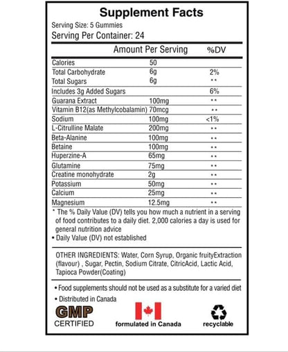 Pre Workout Gummies Elite Fuel - Endless Energy, Instant Strength Gain, Intense Pump, Enhanced Energy Output and Improved Athletic Performance, Endurance Performance