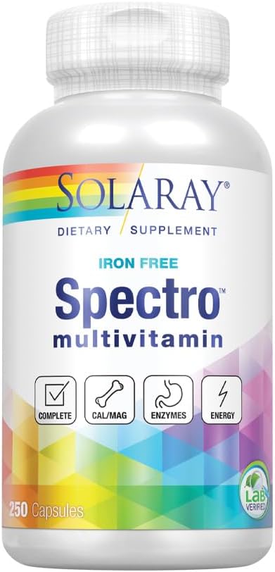 Solaray Spectro Multivitamin, No Iron | Cal/Mag, Energizing Greens & Herbs w/Digestive Enzymes | 42 Serv | 250 Caps