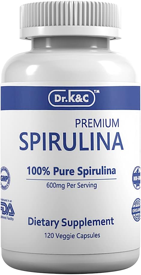 Dr.K&C Organic Spirulina Superfood Supplement – Pure Natural Blue Green Microalgae 600 mg 120 Veggie Capsules Health Immune System Antioxidants Protein Fiber No Filler Non GMO Vegan