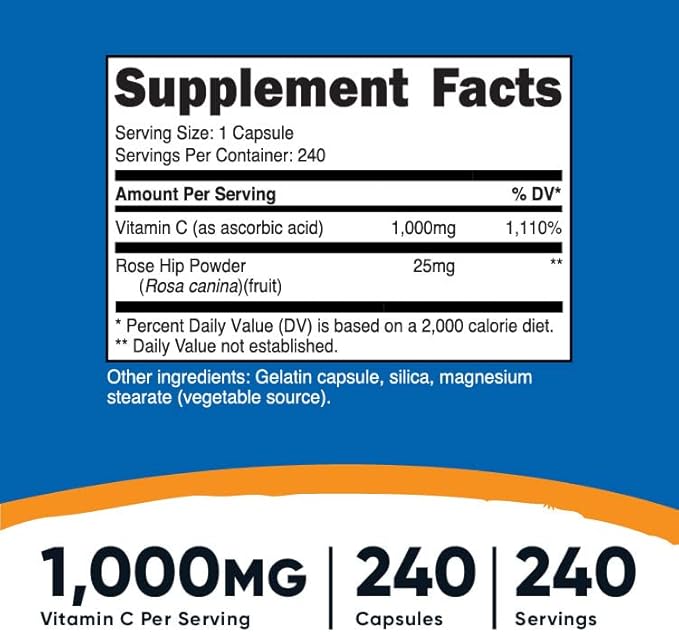 Nutricost Vitamin C with Rose HIPS 1025mg, 240 Capsules (3 Bottles) - Premium Non-GMO, Gluten Free Vitamin C Supplement