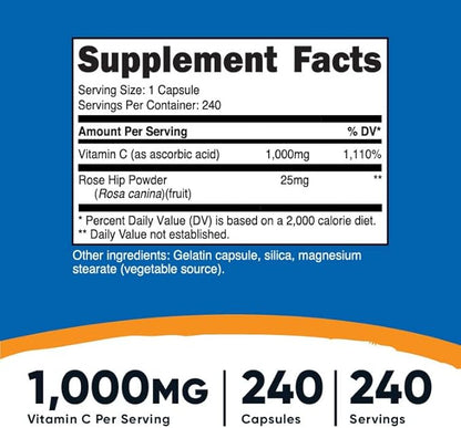 Nutricost Vitamin C with Rose HIPS 1025mg, 240 Capsules (3 Bottles) - Premium Non-GMO, Gluten Free Vitamin C Supplement
