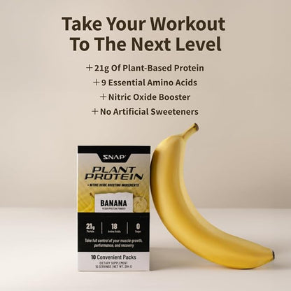 Snap Supplements 100% Plant Based Protein Powder Stick Packs with Nitric Oxide Booster (10 Pack, Banana)