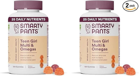 SmartyPants Teen Girl Multivitamin Gummies: Omega 3 Fish Oil (EPA/DHA), Vitamin D3, C, Vitamin B12, B6, Vitamin A, K & Zinc, Gluten Free, Three Fruit Flavors, 120 Count (30 Day Supply) (Pack of 2)